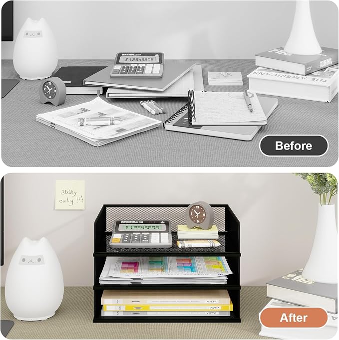 Natwind 3 Tier Letter Trays, File Trays for Desk Stackable,Desktop Paper Organizers for Office Supplies, Metal Mesh File Organizer，Office Organizer，Letter Trays for Home, Office, School，Black
