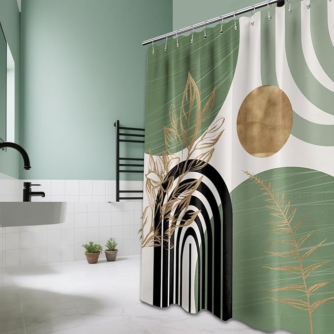 Sage Green Shower Curtain Boho Mid Century White and Light Green and Black Shower Curtains for Bathroom Decor, Waterproof Cloth Fabric with Hooks, 70" W x 72" L