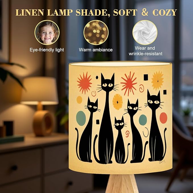 Tripod Table Lamp Mid Century Modern Atomic Cat Diamonds Black Retro Abstract Bedside Lamps Small Lamp Nightstand Lamp with Linen Lampshade Table Lamps for Bedroom Livingroom Nursery