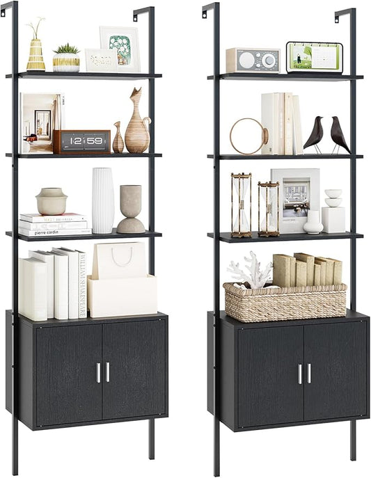 Giantex 72.5" Ladder Bookshelf with Cabinet Set of 2, 5-Tier Tall Wall-Mounted Shelf w/Storage, Modern Style Kitchen Open Shelving Organizer, Heavy-Duty Metal Frame Display Rack for Living Room,Black