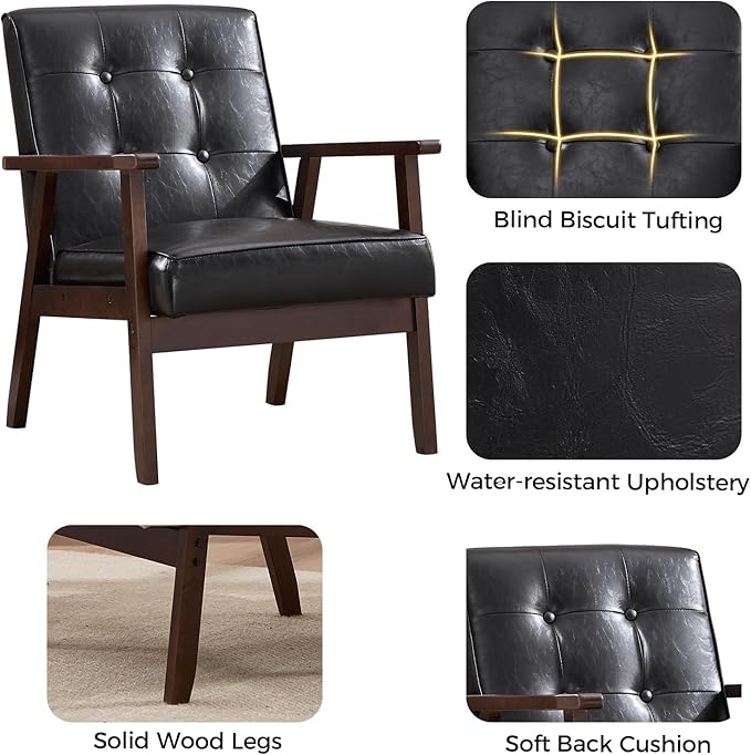 IOMOR Accent Chair Mid Century Modern Chair for Living Room, Comfy Faux Leather Armchair with Solid Wood Frame Soft Thick Padded, Side Chairs Easy Assembly (Black)