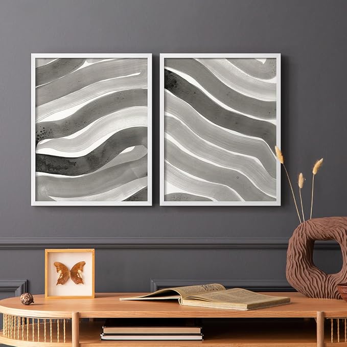 Renditions Gallery Set of 2 Peel & Stick Framed Prints, Watercolor Abstract Wall Art, Black and White Bold Brushstrokes Wall Decor, Re-Stickable - Ready to Hang - 22"x28" - White Frame LT588