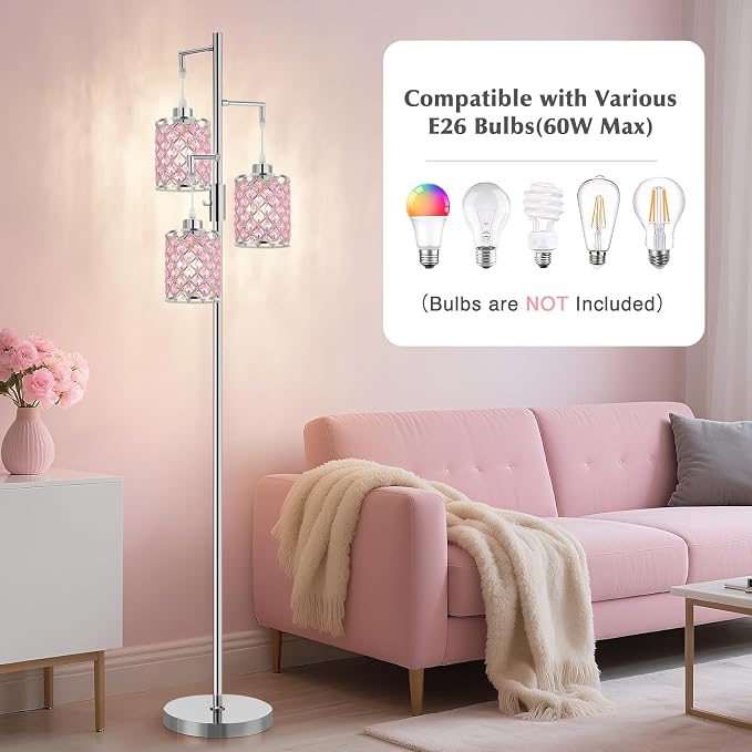 GyroVu Pink Crystal Floor Lamp, 3-Light Standing Tall Lamp with Sparkling K9 Crystal Shade, Rotary Switch, Easy Assemble Lamps for Living Room, Bedroom, Home Office, Girls Room