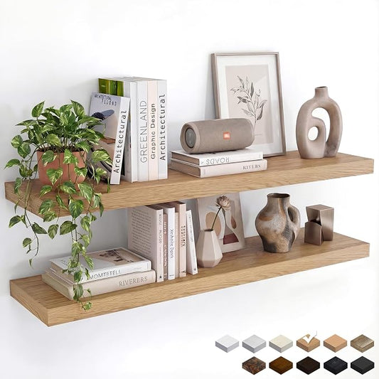 Oak Floating Shelves Set of 2，35.43in Wall Mounted Display Ledge Shelves for Bedroom, Bathroom, Living Room and Kitchen Decoration Storage