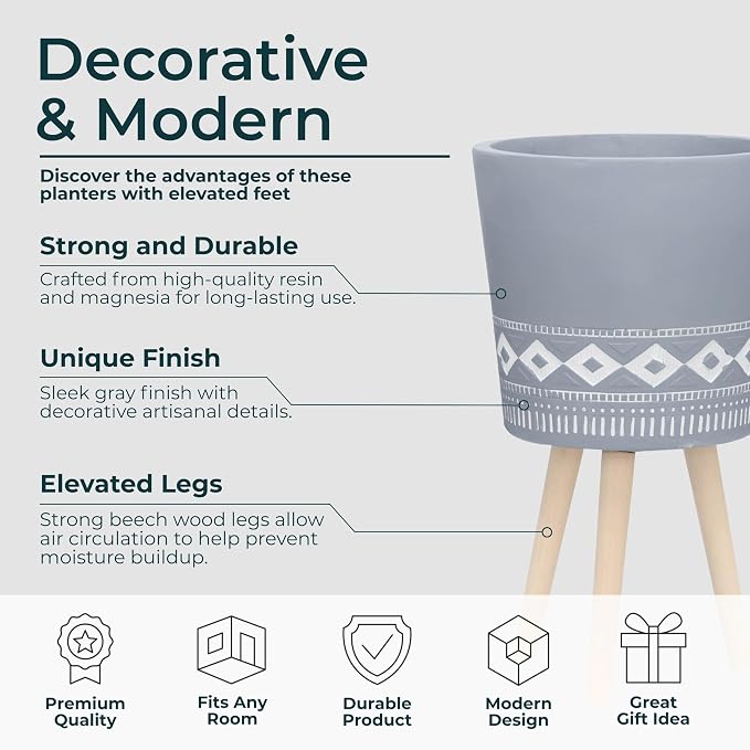 Set of 2 Resin Planters with Stands – Plant Stand Indoor Display, Outdoor Decor – Living Room Or Patio Placement – Mid–Century Style Plant Stand Home Decor – 12" & 10", Gray
