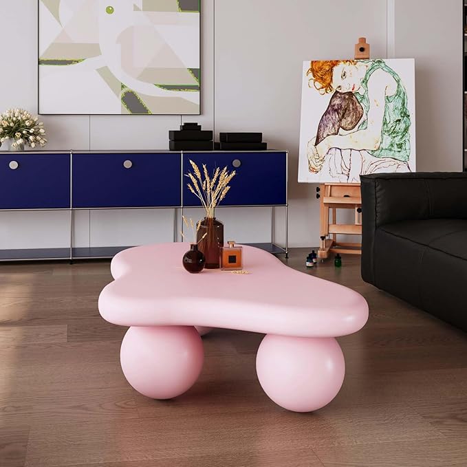 47" Modern Coffee Table Cloud Shape Low Center Table Cute Irregular Indoor Tea Table with 3 Ball Legs for Living Room Apartment