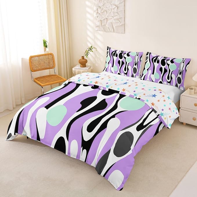 Erosebridal Organic Geometric Duvet Cover Set Modern Abstract Girl Toddler Bedding Set for Young Boys Retro Mid Century Comforter Cover Modern Fluid Art Irregular Circles Bed Sets,Lavender Mint Green