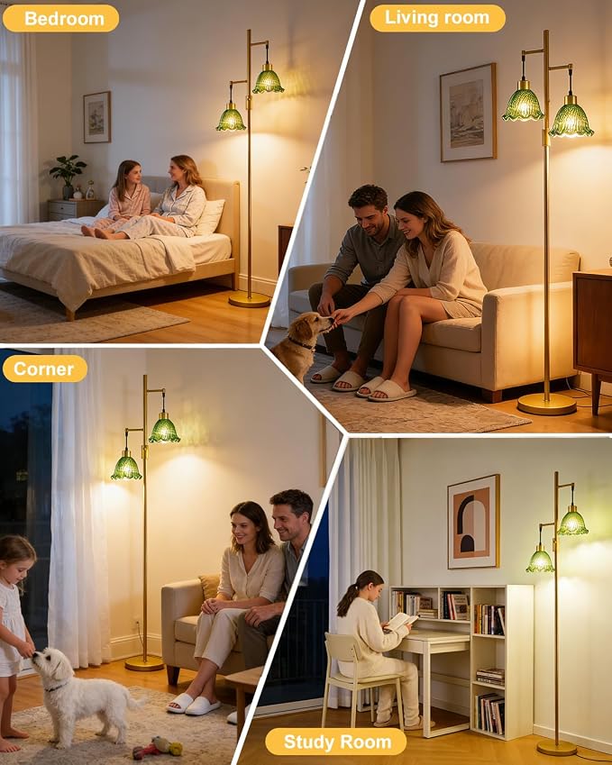 2-Light Modern Glass Floor Lamp, Gold Tall Standing Lamp with Green Bell Glass Shade for Reading, Dimmable LED Floor Lamp with 5Lbs Heavy Base for Living Room Bedroom Home Decor, Bulb Included