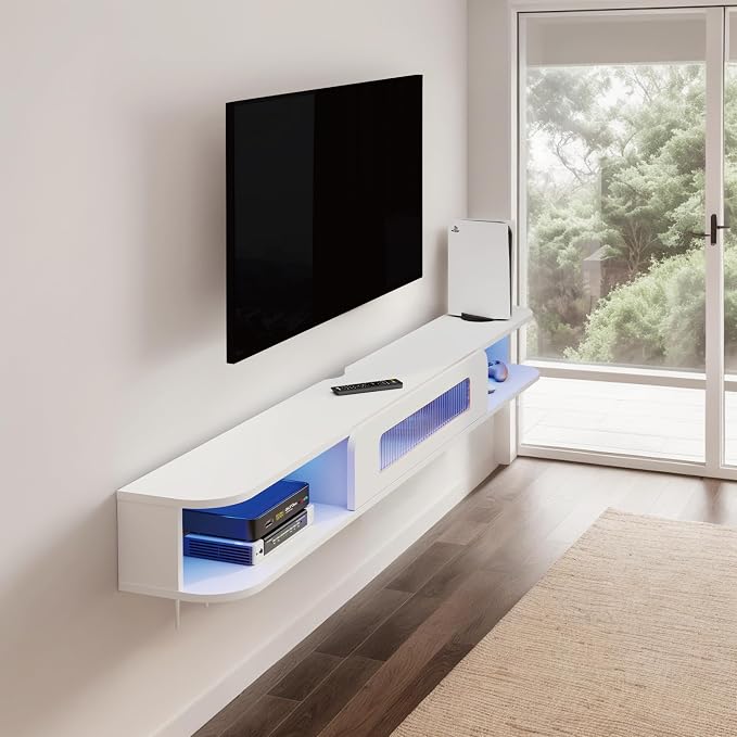 Floating TV Stand with LED Lights, 55'' Solid Wood Wall Mounted TV Cabinet with Glass Door, Mid-Century Entertainment Media Console Center Large Storage Shelf Under TV (55.11IN, White)