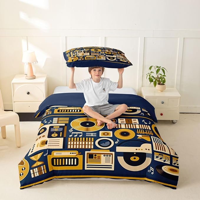 Erosebridal Retro Music Comforter Cover Twin for Boys Men - Vinyl Record Rock Roll Bedding Set Musical Notes Instrument Duvet Cover,Modern Vintage Music Art Bed Set