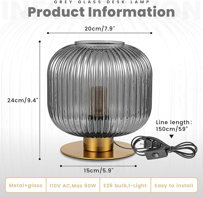 Gray Table Lamps for Bedroom Set of 2, Mid Century Gold Table Lamp with Smoke Glass Shade, Ribbed Desk Lamp Decorative Side Table Lamps for Living Room Office Corner Shelf
