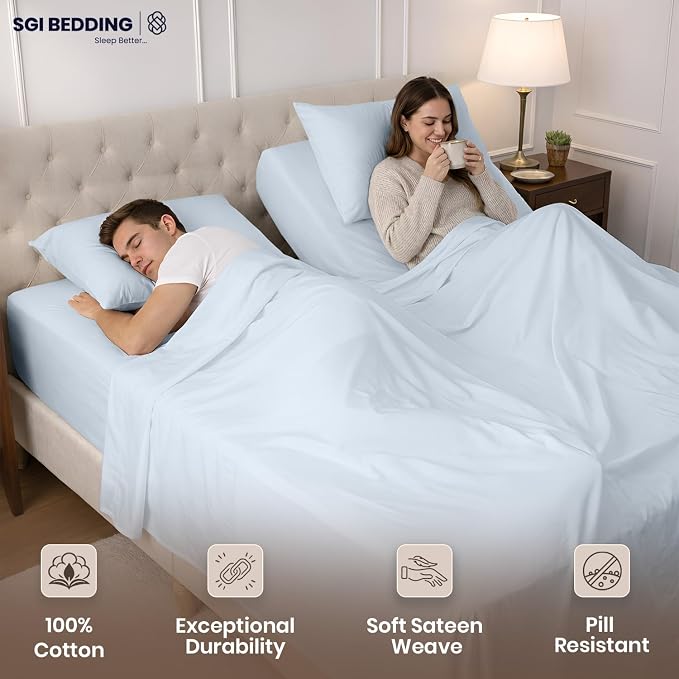SGI Split King Sheet Set for Adjustable Bed Egyptian Premium Cotton 600 Thread Count Sheets for Sleep Number Bed 15" Deep Pocket 5 Pc Set with 2 Twin XL Fitted Sheets Soft Breathable -Light Blue