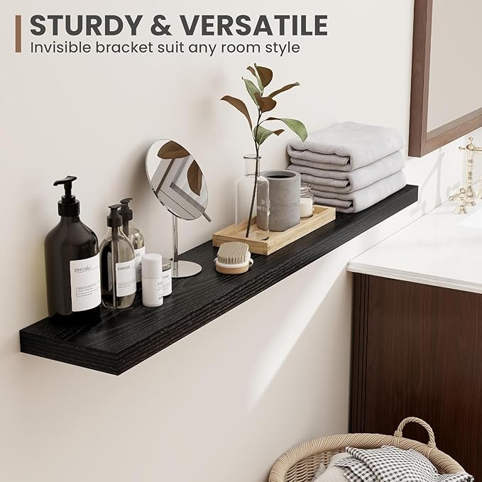 72 Inch Floating Shelves, 8 Inch Deep Floating Shelves for Wall, Hanging Shelf with Invisible Brackets, Deep Shelves for Bathroom, Bedroom, Living Room, Black, Set of 1