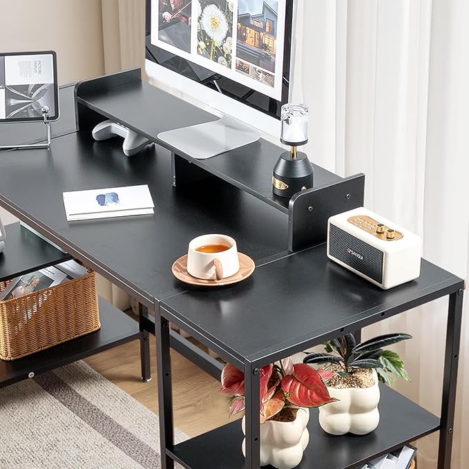 Computer Desk 55-inch with Storage Shelf - Black Ideal Gaming Desk for Bedrooms, Small Spaces, and Home Offices Modern Writing Desk for PCs.