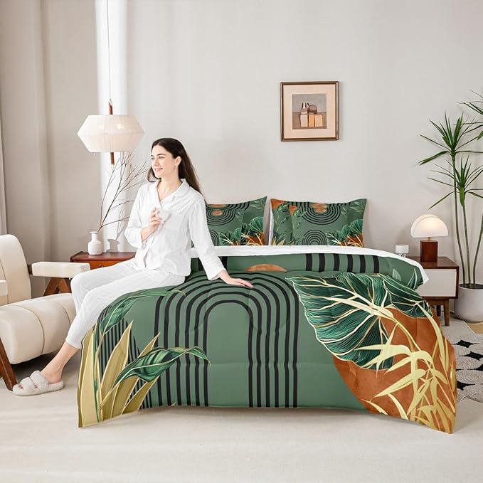 Erosebridal Mid Century Green Full Comforter Set with Sheets 7 Piece Boho Minimalist Aesthetic Bed in A Bag Modern Plant Botanical Palm Leaf Bedding Sets Abstract Retro Geometric Neutral Bed Set