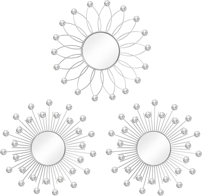 3 Pack Metal Mirrors for Wall Sunburst Wall Mirrors Home Décor Decorative Hanging Wall Art for Living Room Bedroom Entryway (Silver2 Crystal, Flower+Sunburst)