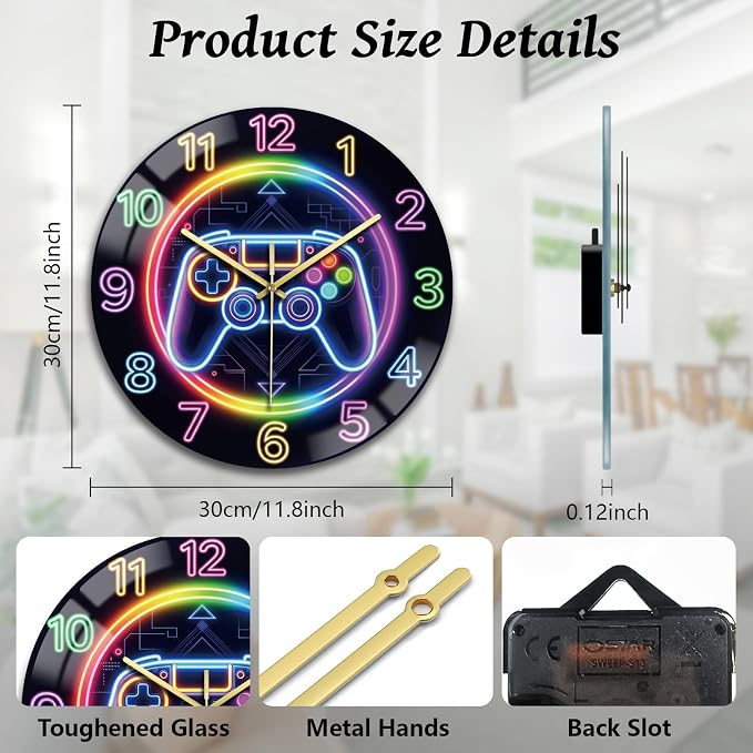 peacoblue Wall Clocks Battery Operated 12 Inch Game Consoles Glass Round Wall Clock Non Ticking for Kitchen Living Room Dining Room Bedroom and Bathroom Decor Accessories (Battery not Included)