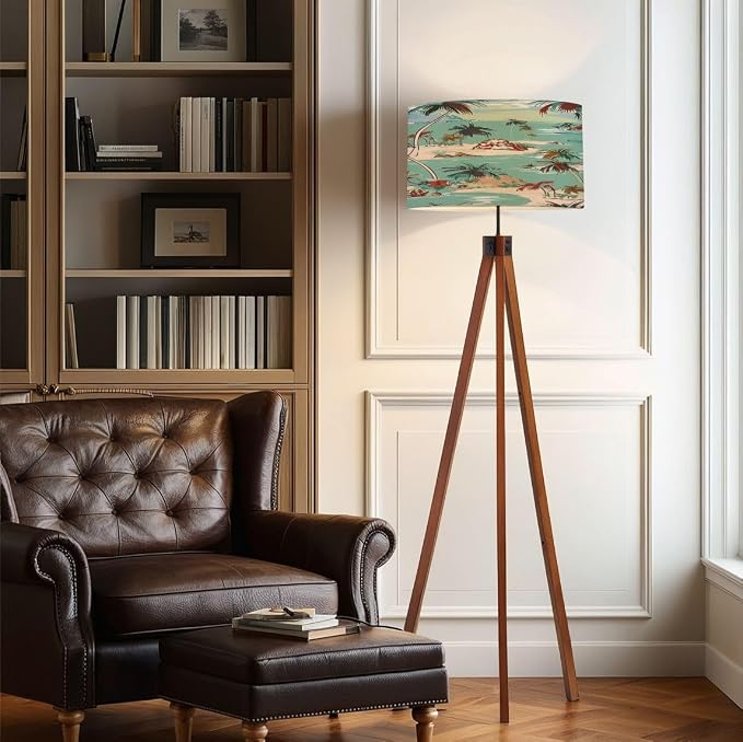 Wood Tripod Floor Lamp Bright summer hawaii seamless island pattern Landscape palm trees Mid Century Standing Lamp Linen Shade Dimmable Modern Tall lamp Home Decor for Living Room Bedroom Office