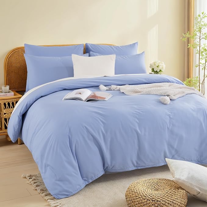NEXHOME PRO King Duvet Cover Set, 100% Washed Cotton with Linen-Like Texture, Natural Organic, Breathable & Comfortable, Includes Home Bedding Set Baby Blue (No Comforter) 10490