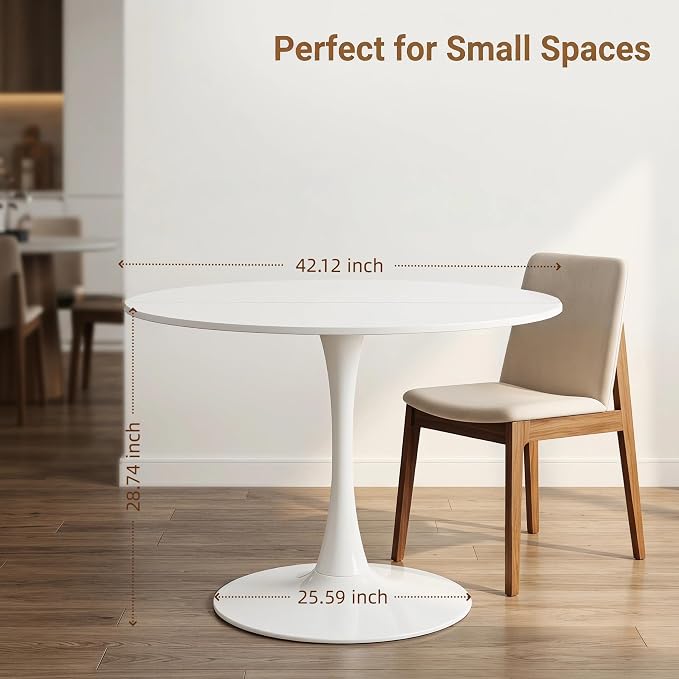 42" White Round Tulip Table for 4-6, Mid Century Modern Pedestal Dining Table with Sturdy Metal Base – Small Space Kitchen, Bistro, Café, Living Room, Office