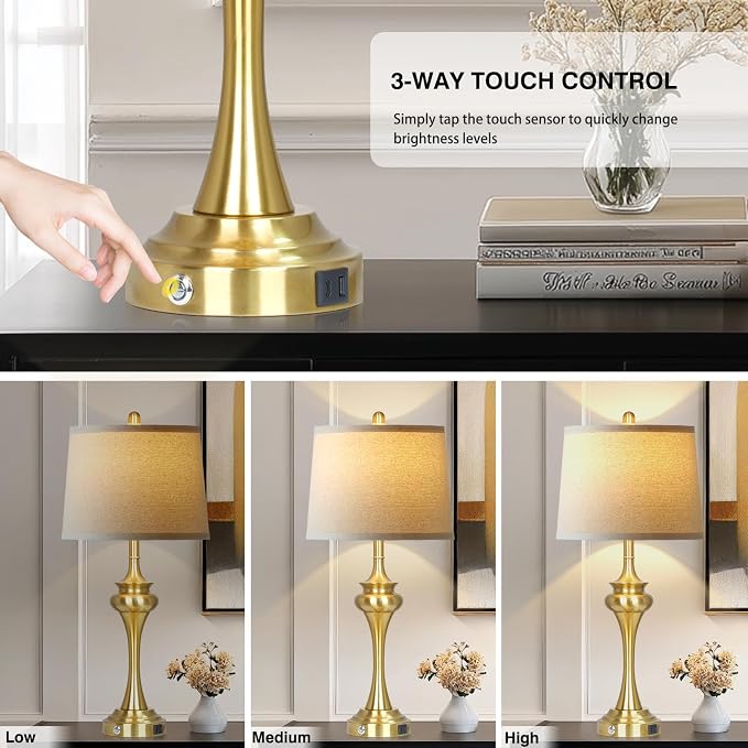 Rinweey 30 Inch Single Table Lamp for Bedside, 3-Way Touch Control Bedroom Table Lamp with USB A+C Ports, Tall Living Room Lamps for End Table, Modern Brass Lamps for Nightstand Desk Office, Gold