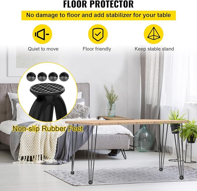 VEVOR Hairpin Table Legs 16" Black Set of 4 Desk Legs 880lbs Load Capacity (Each 220lbs) Hairpin Desk Legs 3 Rods for Bench Desk Dining End Table Chairs Carbon Steel DIY Heavy Duty Furniture Legs