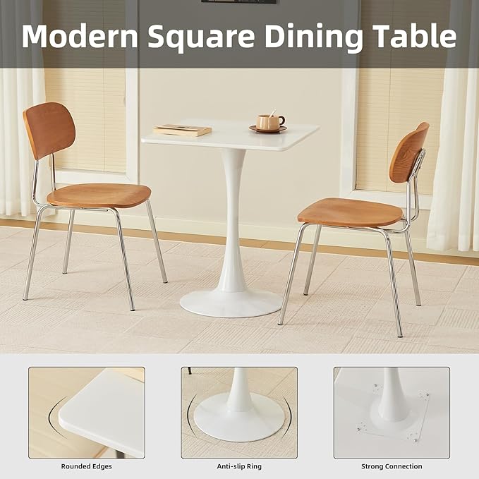 Square Dining Table, 24" Tulip Table with Thickened Tabletop & Metal Pedestal, Mid Century Modern Bistro Table for Kitchen, Small Places, Living Room, Cafe (White)
