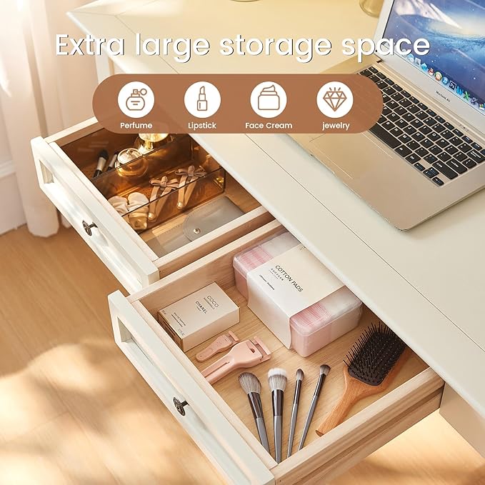 White Writing Desks with Drawers, 47" Solid Wood French Country Style Computer Desk for Home Office, Living Room Study or Workspace