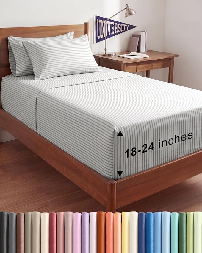 Extra Deep Twin XL Sheet Set - 4 Piece College Dorm Bed Sheets Set with Extra Deep Pockets - Ultra-Soft, Comfy & Breathable Bedding for Women, Men, Kids & Teens - Wrinkle & Fade Free - Grey Stripes 2