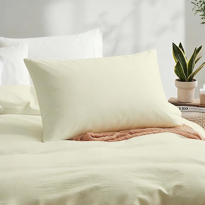 LOVQUE Cream White Cotton Duvet Cover Set, Linen-Like Natural Bedding Set with Zipper Closure (No Comforter), Twin Size, Duvet Cover (68"x90") x 1, Pillowsham(20"x26") x 1