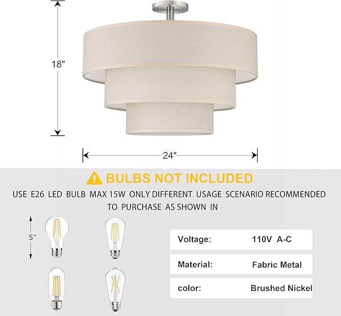 Doraimi Lighting 3 Tier Linen Drum Fabric Semi Flush Mount Light Modern Farmhouse Decor 7 Light 24 Inch Brushed Nickel Finish for Kitchen Living Room Dining Room Corridor Hallway