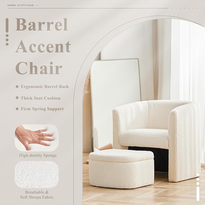 COLAMY Morden Velvet Living Room Side Chair with Storage Ottoman Set of 2, Single Sofa Armchair with Lounge Seat, Upholstered Barrel Accent Chair for Bedroom/Office/Reading Spaces, Cream