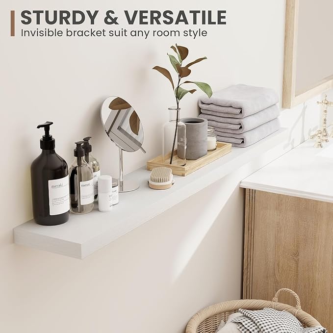 72 Inch Floating Shelves, 8 Inch Deep Floating Shelves for Wall, Hanging Shelf with Invisible Brackets, Deep Shelves for Bathroom, Bedroom, Living Room, White, Set of 2