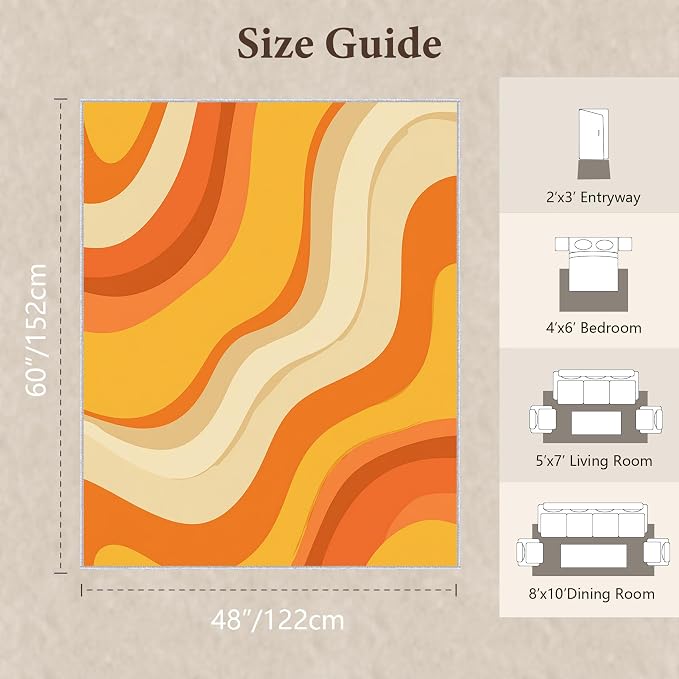 Sunset Flow Area Rug 4x5, Modern Abstract Wave Rug, Retro Orange Neutral Carpet for Living Room Bedroom, Soft Non Slip Washable Rug