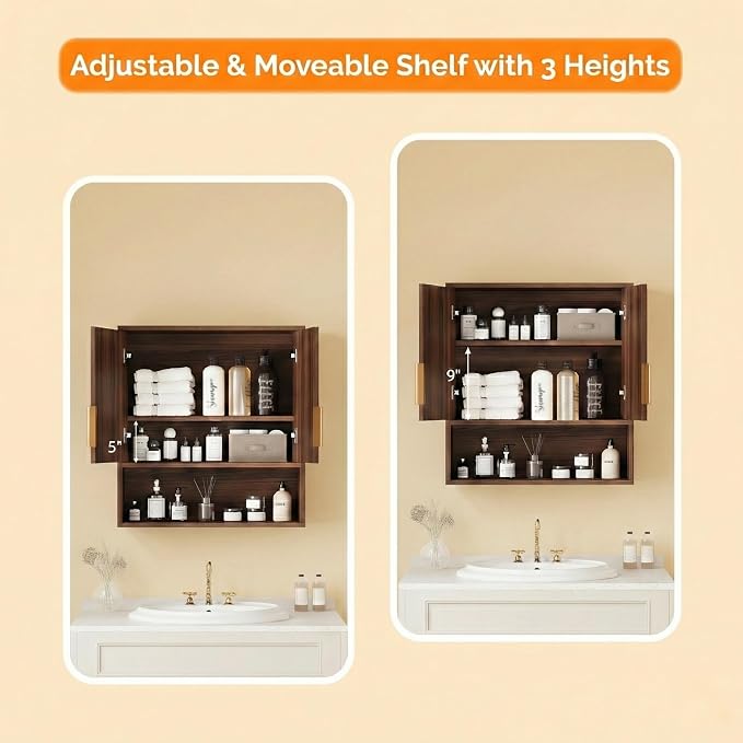 VINGLI Bathroom Wall Cabinet, Walnut Fluted Medicine Cabinet with Doors, Wall Mounted Storage Cabinet Over Toilet with Adjustable Shelf, Mid-Century Hanging Organizer for Kitchen, Laundry