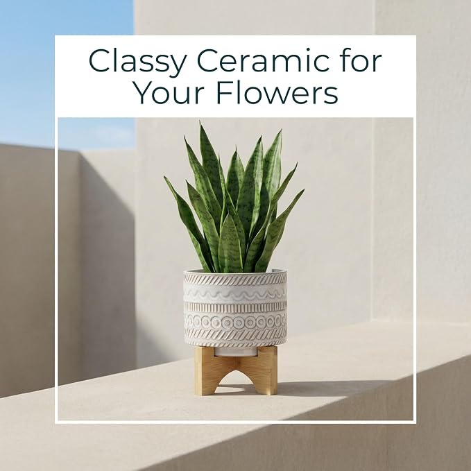Embossed Ceramic Planters with Wood Stand for Flower Pots Home Decor Pots for Entryway, Tabletop, and Garden - Small Raised Container with Stand for Indoor and Outdoor Plants - 8", Ivory & Tan