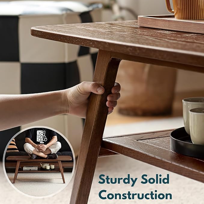 100% Solid Wood Coffee Table with Storage Shelf, 2-Tier Wooden Center Table for Living Room, Farmhouse Rustic Rectangle Table, Easy Assembly,31.49 Inch