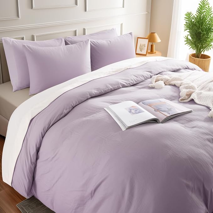NEXHOME PRO Duvet Cover Set 100% Washed Cotton Full Size Linen Feel Textured Organic Natural 3 Pieces Bedding Set Lavender Lilac Purple with Zipper Closure and Corner Ties, Breathable(No Comforter)