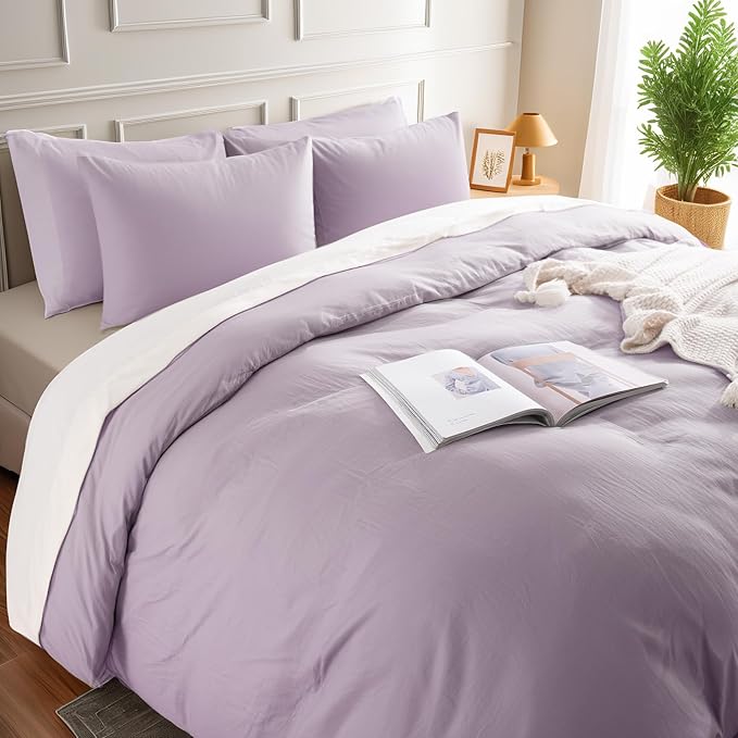 NEXHOME PRO Duvet Cover Set King Size Linen Feel Textured Organic Natural 100% Washed Cotton Duvet Cover Purple Lavender Lilac 3 Pieces Bedding Set with Zipper Closure, Breathable (No Comforter)