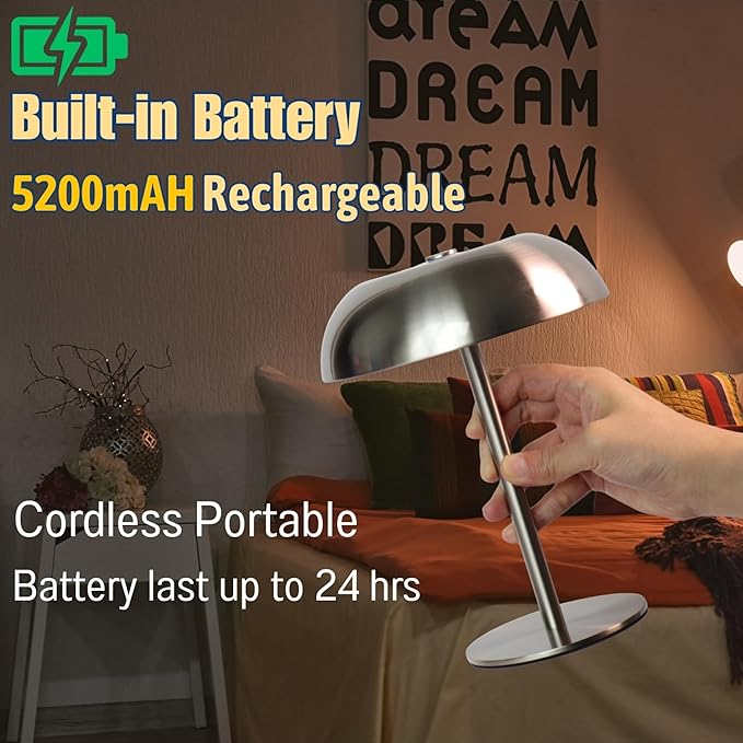 Portable Mushroom Table Lamp with 5200mAh Battery, Cordless LED Night Light with Stepless Dimming, 3 Color Modes & Adjustable Height for Bedroom, Patio, Bar Decor and Coffee Shop (Silver-Tall)