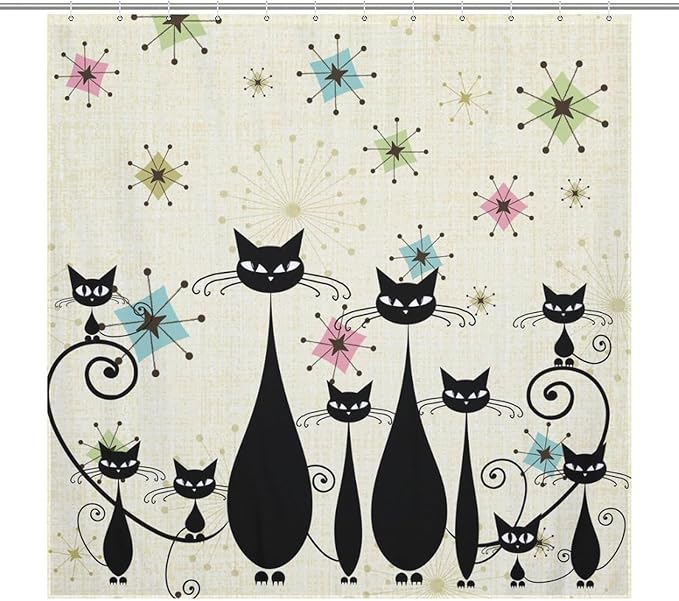 Mid Century Black Cat Shower Curtain,Retro Funny Atomic Cat Modern Abstract Geometric Iconic Pattern Bathroom Curtain Polyester Waterproof Fabric Decor 72x72in（183x183cm）