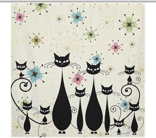 Mid Century Black Cat Shower Curtain,Retro Funny Atomic Cat Modern Abstract Geometric Iconic Pattern Bathroom Curtain Polyester Waterproof Fabric Decor 72x72in（183x183cm）