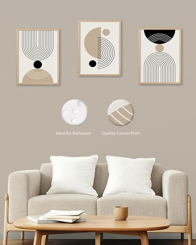 HesenDot Unframed Abstract Geometric Line Wall Art Set of 3, 12x16in Boho Mid Century Canvas Prints, Modern Arch Posters, Neutral Minimalist Wall Decor for Living Room Bedroom Bathroom Study, Unframed