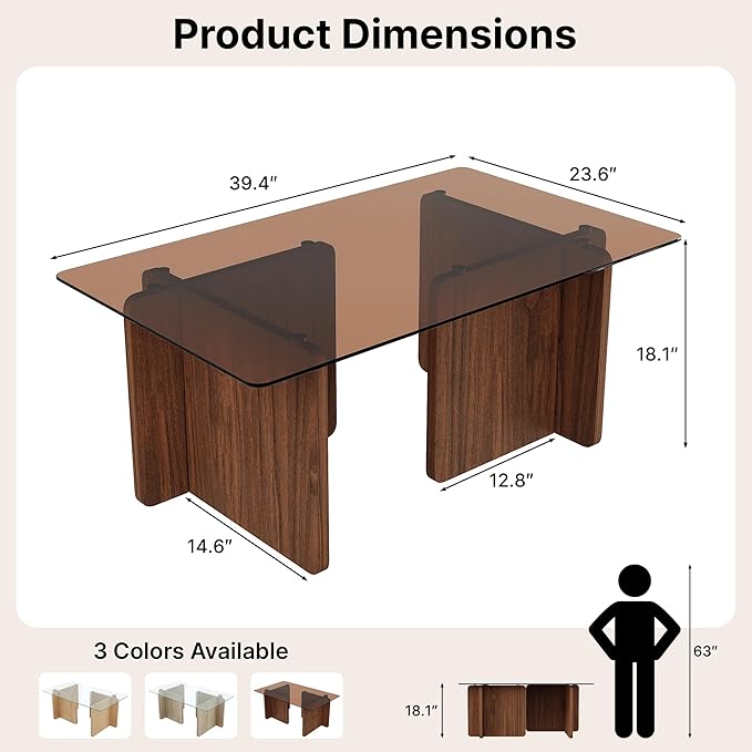 Modern Glass Coffee Table, 39.4 Inches Rectangular Center Tables for Living Room, Coffee Table with Wood Cross Base Easy Assembly Walnut