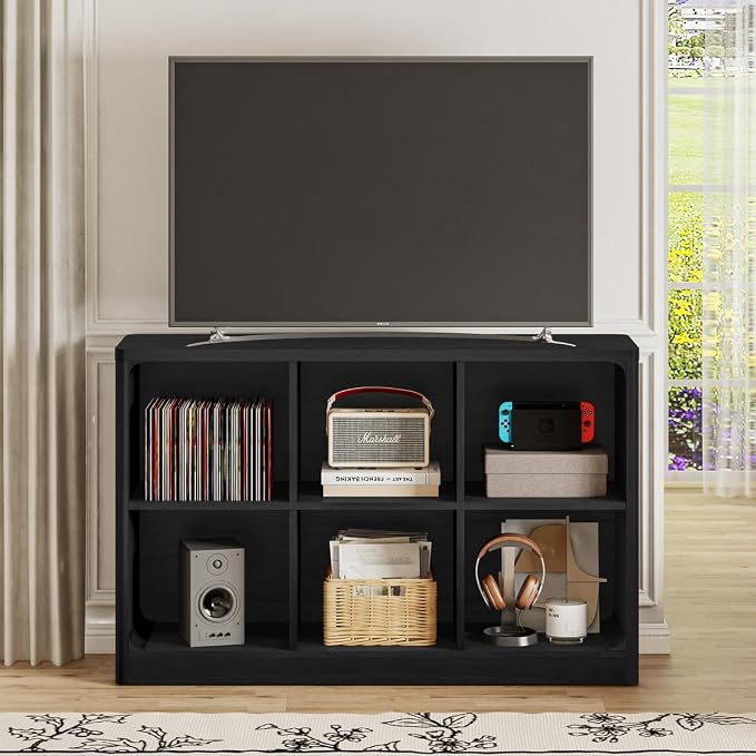 FATORRI 6 Cube Storage Bookcase, Rustic Wood Horizontal Bookshelf with Rounded Corners, Low Cube Organizer Shelf for Living Room, Bedroom, Office (Black, 43 Inch)