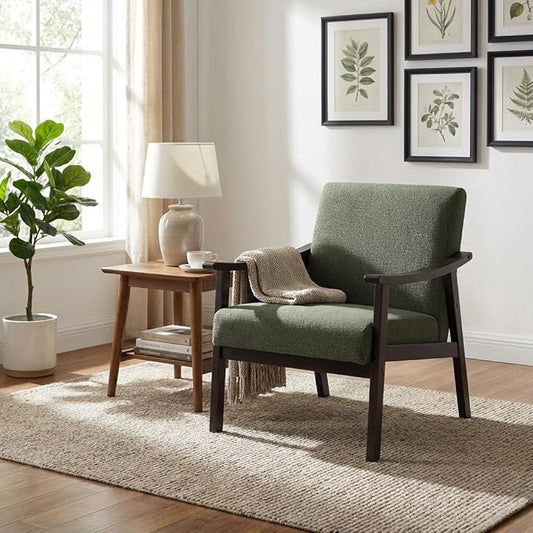 Mid-Century Modern Accent Chair, Upholstered Arm Chair Solid Wood Frame for Lounge, Living Room, Reading Room, Bedroom (Antique Green)