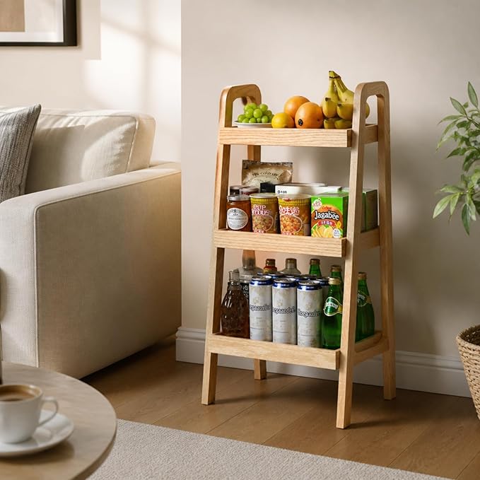 100% Solid Oak 3 Tier Ladder Shelf, Small Bookshelf, Ladder Bookshelf, Bookcase with Stable Frame, Small Table for Living Room Bedroom(Natural, 12.6" L x 17.72" W x 31.5" H)
