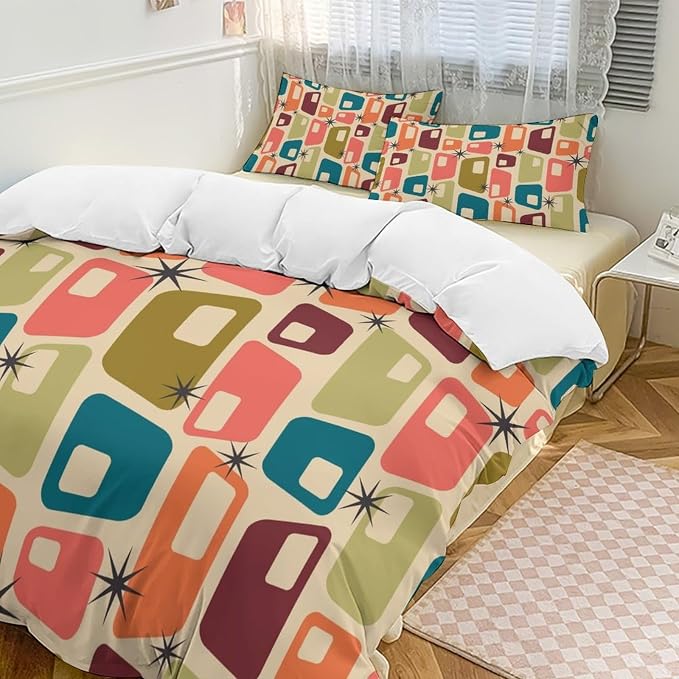 Modern Mid Century Duvet Cover Queen Retro Atomic Bedding Set, Rainbow Grid Comforter Cover Vintage Fifties 1950s Bed Set，Abstract Art Bedding 3 Piece (1 Duvet Cover 90"x90" + 2 Pillow Sham 20"x30")
