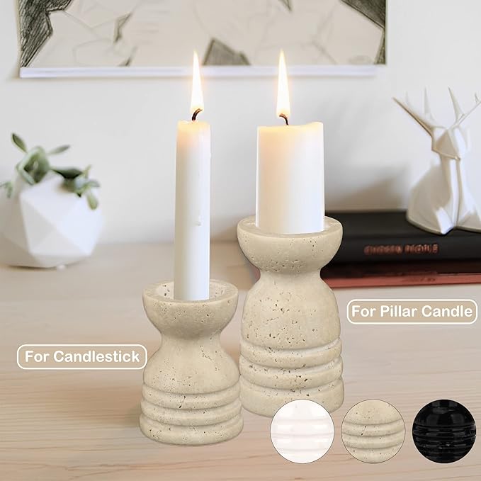 WORHE Candle Holders Italy True Natural Travertine Stone Set of 2 Premium Marble Candlestick Holder for Wedding Dinning Party Candle Stand for Dia 3/4" Taper Pillar Candles Color Beige (CH6065YL)