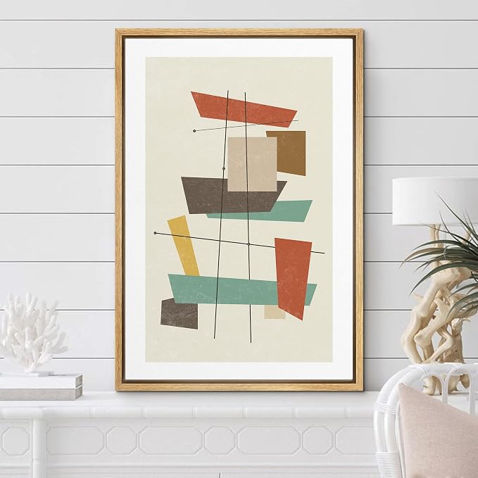 Woodrose Framed Canvas Print Wall Art Geometric Vintage Colorful Block Abstract Shapes Illustrations Modern Minimalist Chic Relax/Calm Multicolor for Living Room, Bedroom, Office - 24"x36" Natural